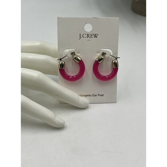 J. Crew Solid-color Neon Hot Pink Gold Tone Acrylic Hoop Earrings New - Picture 3 of 7